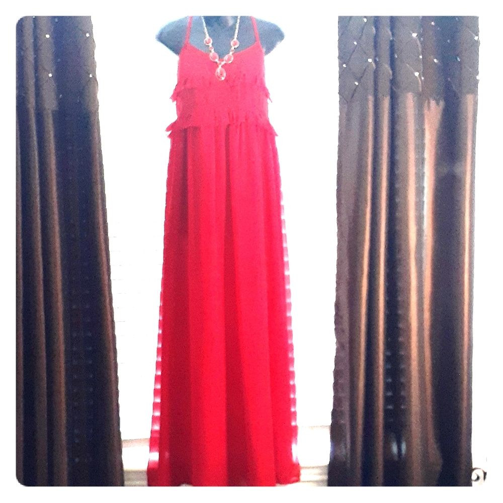 Red Maxi dress with fringed pleats